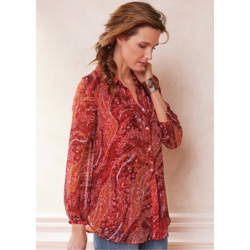 Soft Surroundings Cheyla  Blouse Womens 1X Red Orange Paisley Button Front Shirt